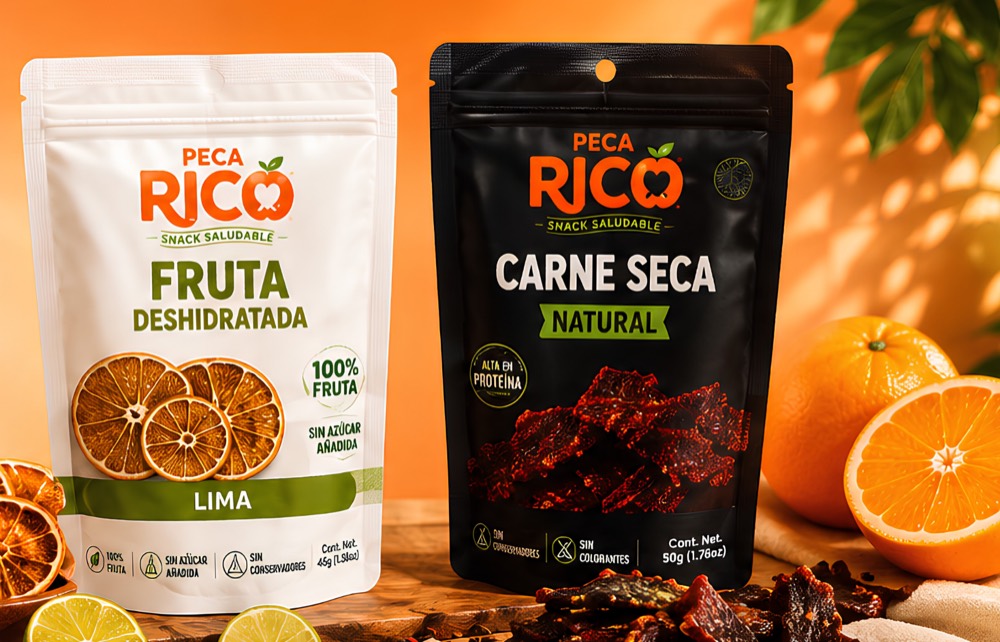 Bolsas de fruta deshidratada sabor lima y carne seca natural Peca Rico.