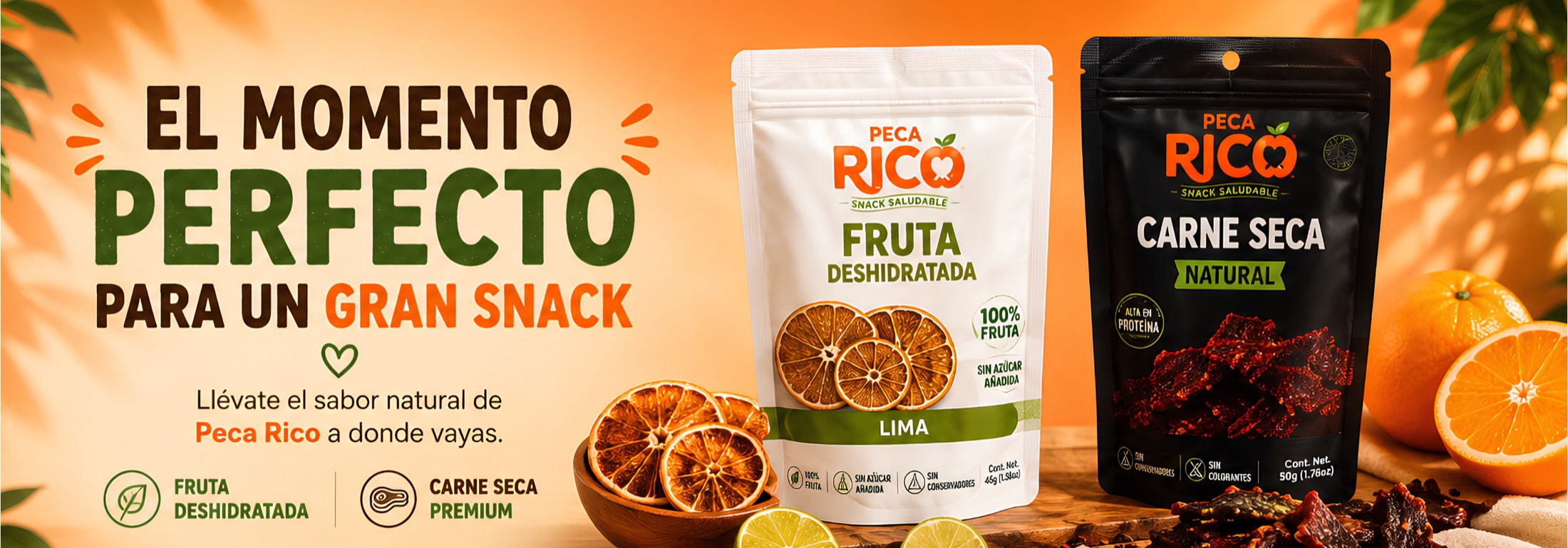 El momento perfecto para un gran snack: llévate el sabor natural de Peca Rico a donde vayas. Fruta deshidratada y carne seca premium.