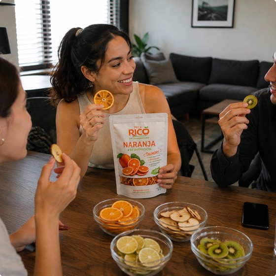 Amigas compartiendo snacks Peca Rico en la sala.