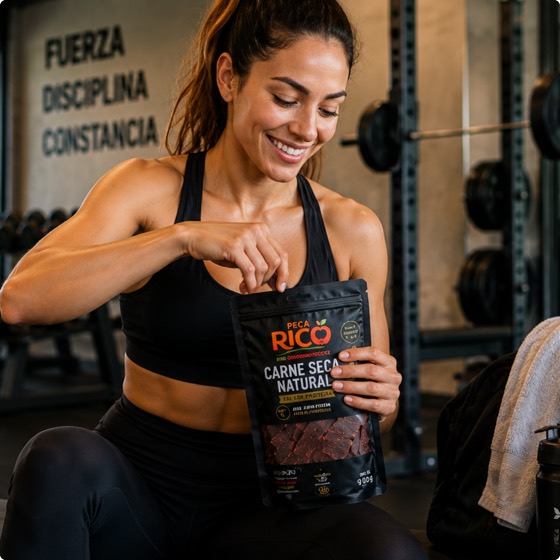Mujer entrenando en el gimnasio con una bolsa de carne seca Peca Rico.