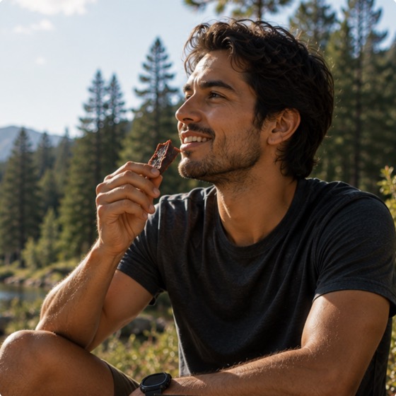Hombre disfrutando un snack Peca Rico en el bosque.