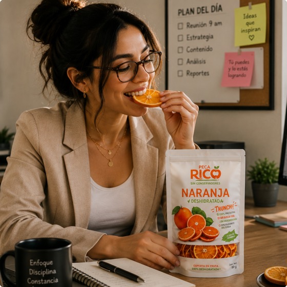 Mujer en la oficina comiendo naranja deshidratada Peca Rico.