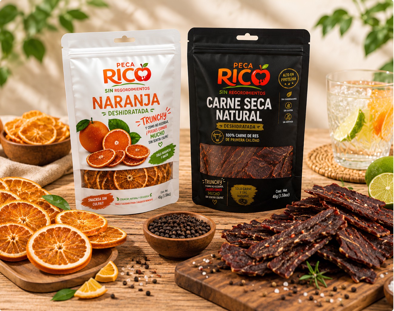 Bolsas de naranja deshidratada y carne seca natural Peca Rico sobre una mesa con fruta deshidratada, pimienta y limones.